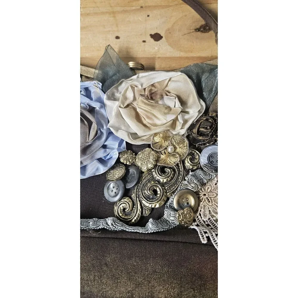 Vintage Handmade stitched Fabric brooches floral‎ upper retro bucket handbag